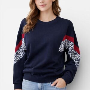 Cristina Paris Colorblock Knit Sweater L/XL Leopard Sleeve Detail Navy Blue